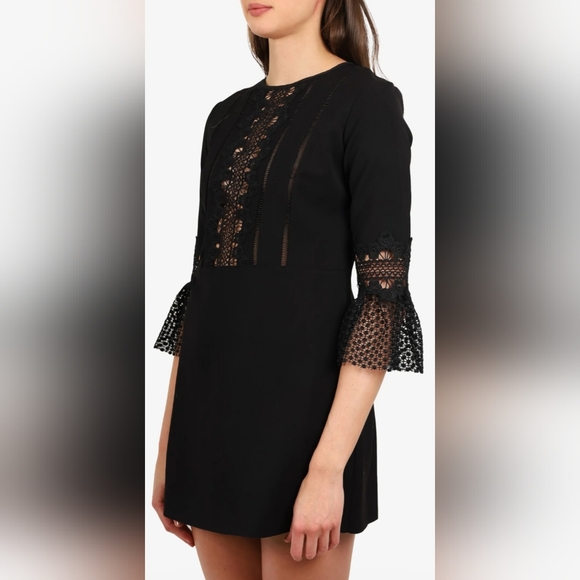 NWOT Self-Portrait Black Lace Bell Sleeve Mini Dress Size 4 US - Picture 2 of 12